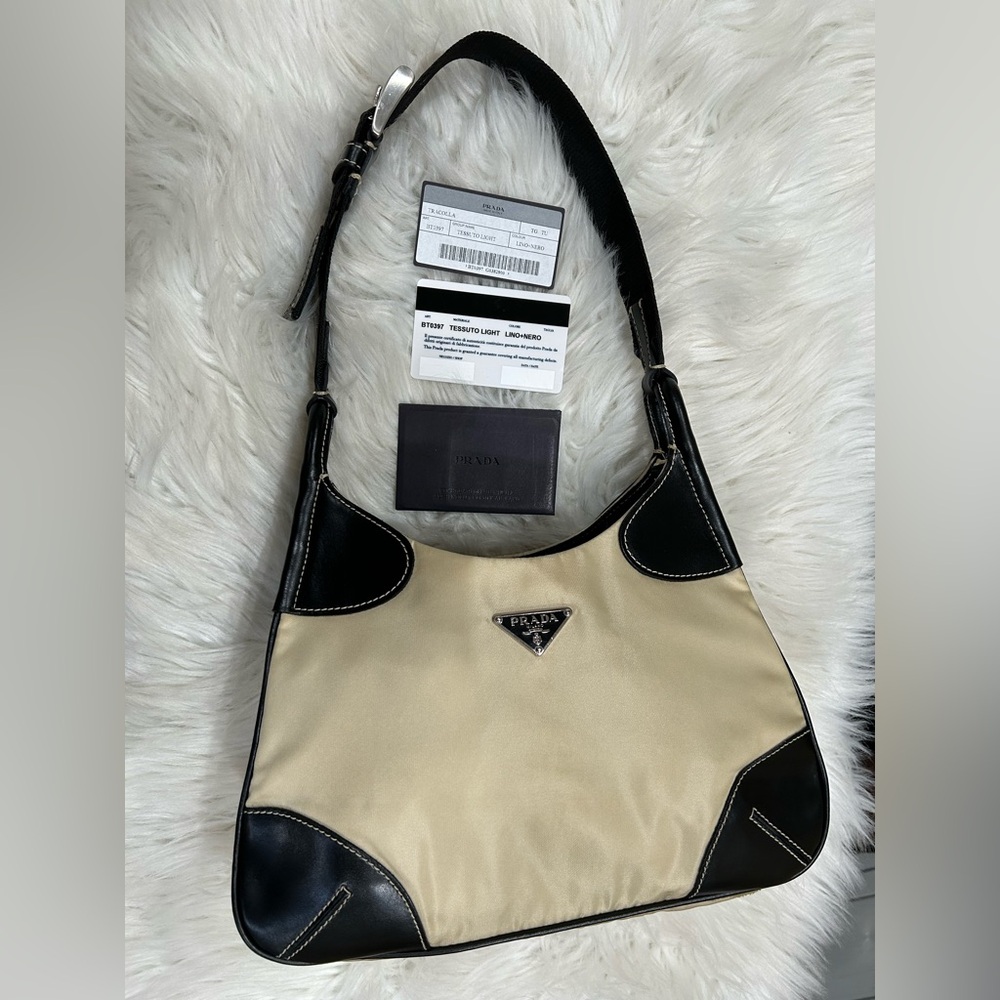 Prada Black and Cream Tessuto Nylon Hobo